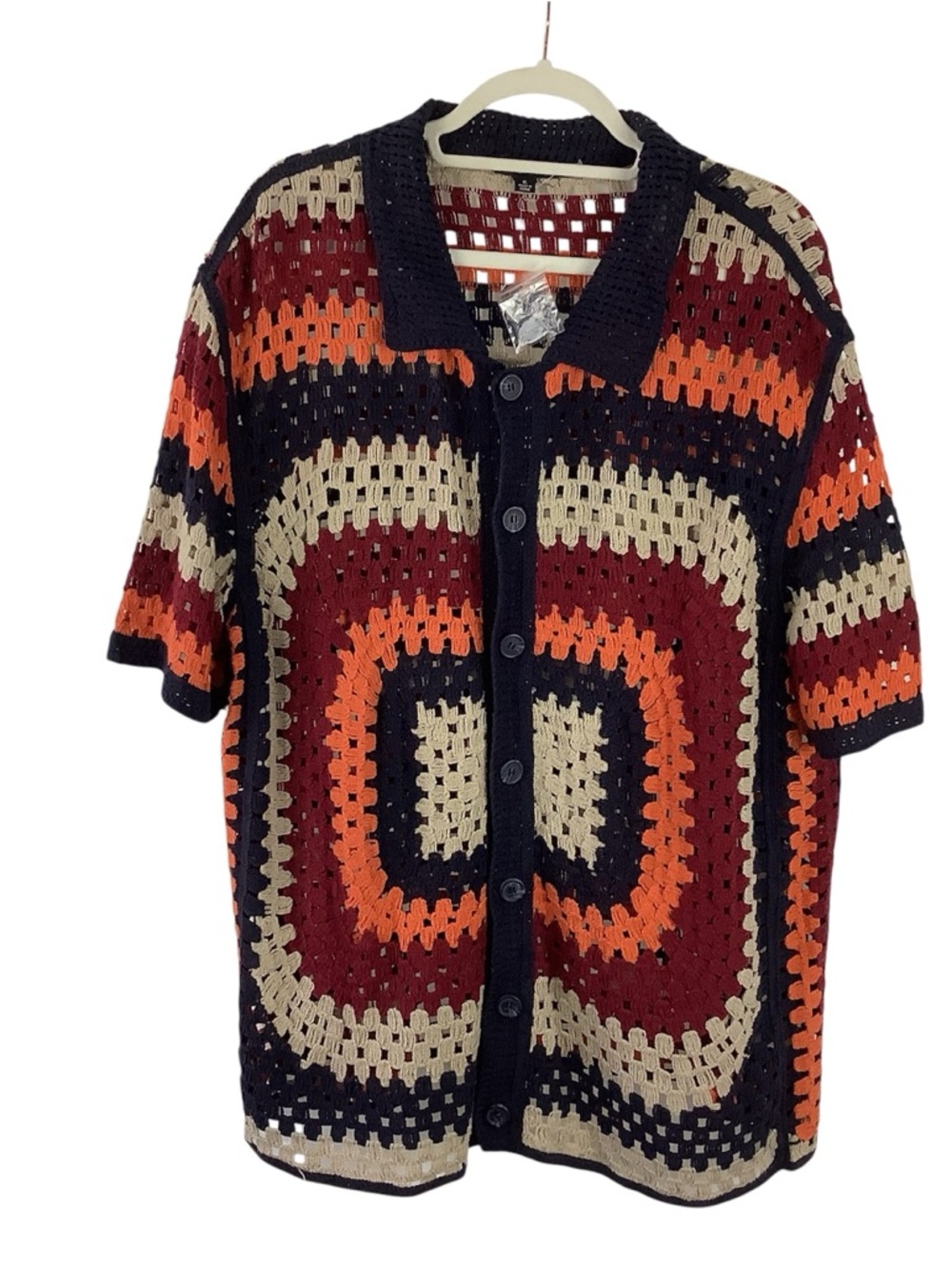 Morse Code Men’s Granny Square Crocheted Short Sleeve Button Shirt